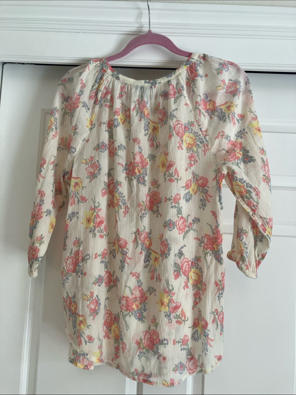 Chaps Cream Floral Peasant Top with Coral and Yellow Blooms - Picture 7 of 7